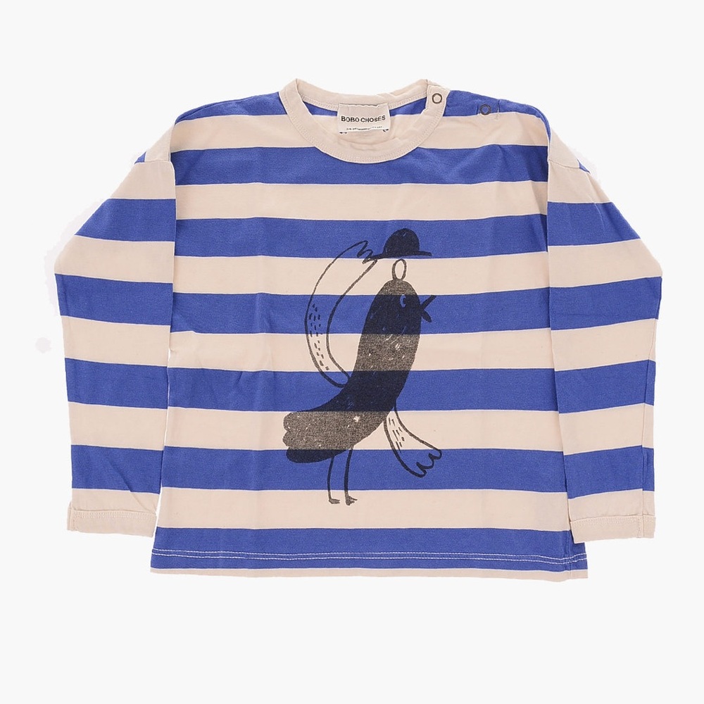 Bobo Choses Blue and Beige tie-dye Striped Shirt with Bird Print